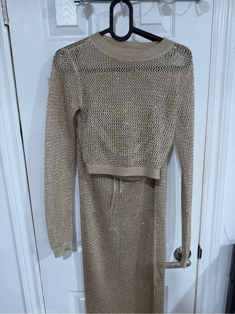 Guess Beige Open-Knit Long Sleeve Dress with Cropped Overlay
